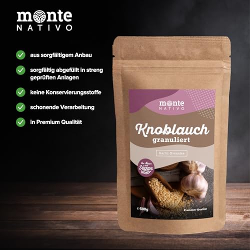 Knoblauch Granulat Monte Nativo (500g) - Aromatisches Knoblauchgranulat - Garlic Powder - Schonend getrocknete und aromatische Gewürze ideal zum Kochen und Würzen - Intesiver Geschmack