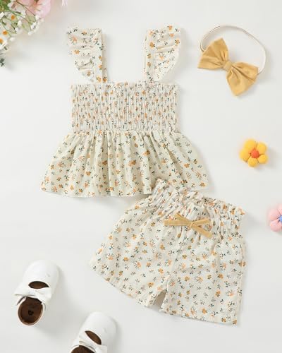 Image of Mioglrie Toddler Baby Girl Summer Clothes Infant Spring Outfits Ruffle Sleeveless Shirt Baby Shorts Headband Clothing Set