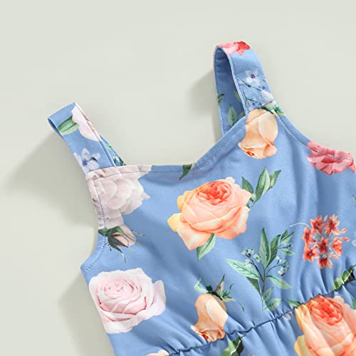 Emmababy Toddler Girl Bell Bottom Romper Baby Floral Print One Piece Ribbed Cotton Jumpsuit Flare Pants Overalls Summer(W#03#Blue,12-18 Months) #TOP3