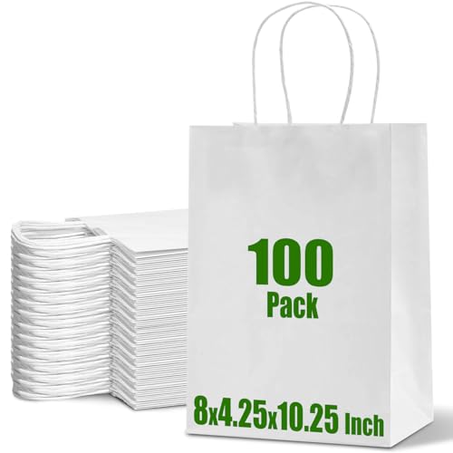 Ginkgo 100 Pack White Gift Bags with Handles