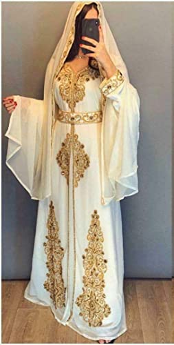 Moroccan White Dubai Kaftans Abaya Dress Very Fancy Long Modern Farasha Gown Islamic Dress By Zari Works (L) #TOP1