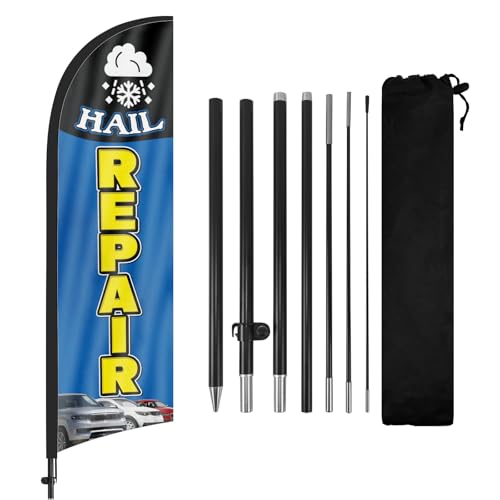 Hail Repair Feather Flag with Pole Kit 8Ft, Auto Body Sign Paintless Dent Repair Banner Flag for Collision Service Centers