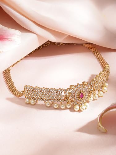 Image of Rubans 22KT Gold Plated Trendy AAA Cubic Zirconia Stone Studded Traditional Choker Necklace Set with Pearl Hangings for Women and Girls, Perfect for Festive & Wedding Occasions