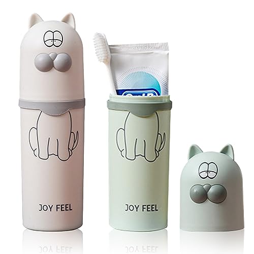 SacJkt Porta Spazzolino da Viaggio, 2 Pezzi Porta Spazzolini da Viaggio Bambino, Portatile Portaspazzolini Cartone Animato Gatto Animale Creativo per Viaggi Famiglia Campeggio Scuola (Bianco,Verde)