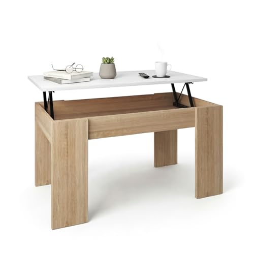 duehome | Mesa de Centro elevable, Mesita de Salón Comedor, Acabado en Roble Canadian y Blanco Artik, Modelo Norak, Medidas: 90 cm (Largo) x 50 cm (Ancho) x 33,8/45,3 cm (Alto)