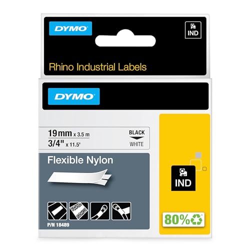 Dymo 18489 Rhino Industrial Flexible Nylon Labels, 3/4 Inch X 11.5', Black Print On White Tape cover