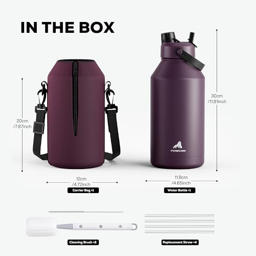 Image of POWCAN 64 oz Insulated Water Bottle with 2-in-1 Straw & Spout Lid, Leakproof, Top Handle, Keep Cold 48H, BPA-Free, Brush, Metal Water Bottle with Carrier Bag for Work, Sports, Travel and Gym (Plum)