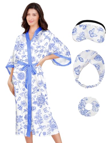 EPLAZA Silk Robes for Women Satin Robe Long Sexy Print Flower Kimono Loungewear Wedding Bridal Party (Dusty blue-flower, LXL)