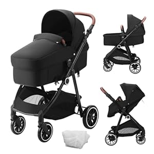 VEVOR Standard-Kinderwagen Kinderbuggy mit Babywanne Verstellbarer Rückenlehne mit 3. Gang und klappbarem und umkehrbarem Sitz Buggy für Neugeborene aus Karbonstahl mit Beinabdeckung und Netz Schwarz
