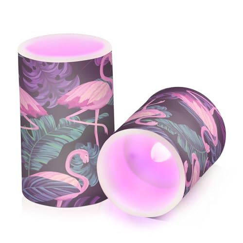 Exotic-Flamingos-Tropical-Print Flameless Pillar Plastic Led Candles, Battery Operated with Remote/Timer Color Changing Soft Light, Set of 2 for Festival, Wedding,Home Party Decor