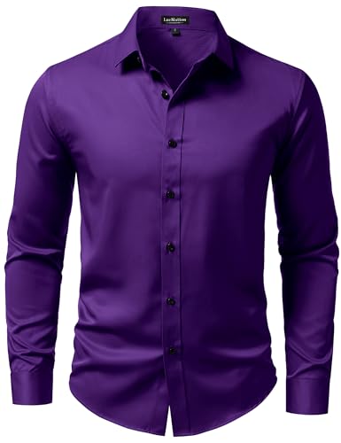 LucMatton Mens Long-Sleeve Button-Up Dress-Shirt Modern Slim-Fit Wrinkle-Free Wedding Formal Shirts Purple Large