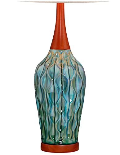 360 Lighting KS886V4 Rocco Mid Century Modern Table Lamps 30 Inch Tall Set Of 2 Blue Teal Glaze Ceramic Cherry Wood Tan Fabric Drum Shade thumb #4