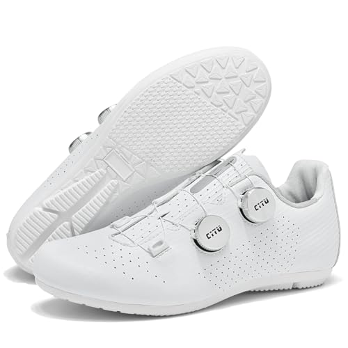 TvzsiY Zapatillas de Ciclismo Montaña para Hombre Zapatillas De Bicicleta Carretera Suela de Goma Antideslizante Textura de Fibra de Carbono,Blanca,36 EU