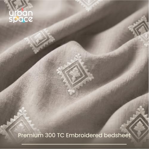 Image of Urban Space 100% Cotton 300TC Jacquard Embroidered bedsheets for King Size Bed, Pure Cotton King Bedsheet, Checks bedsheet King Size with 2 Pillow Covers (108 inch x 108 inch, Diamond Soft Brown)