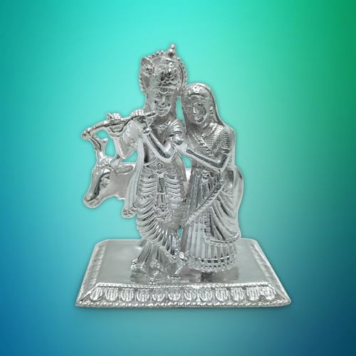 Image of MAA SILVER Pure Silver Radha Krishna BIS Hallmarked Solid Idol /Murti Playing Flute with Cow & Rectangle Base Perfect for Gifting & Pooja Use (925 Purity)(230 Grams Silver)