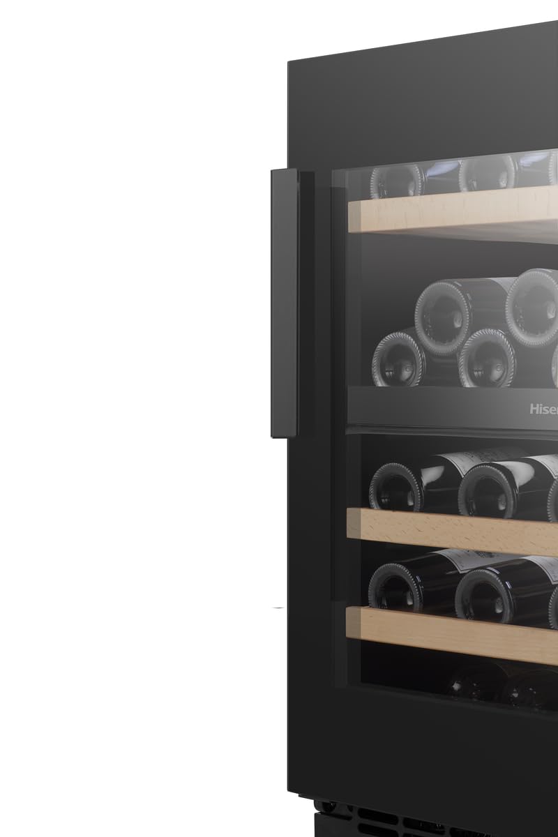 Hisense RW3N122GSLF Weintemperierschrank/Freistehend/EEK F/46 Flaschen Kapazität/WIFI/Anti UV-Glasfront/DualZone/Multi Air Flow/Buchholzablagen/Soft Close Einlegeböden/HxBxT: 81,9x59,5x57,5cm/Schwarz
