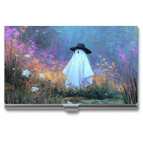 Cute Ghost Black Hat Wildflowers Business Card Holder, Pocket Slim Portable Metal Business Card Case for Women Men