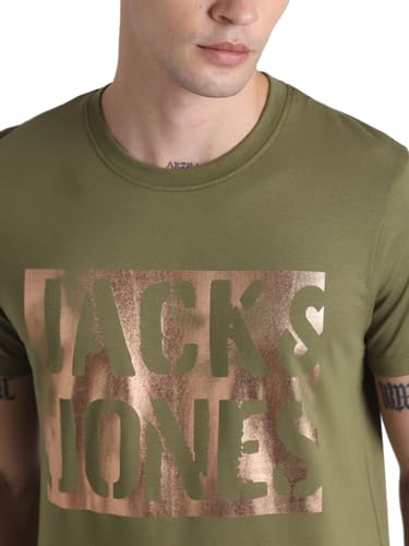Image of Jack & Jones Men's Typography Printed Round Neck Short Sleeves Cotton Slim Fit Letter Print T-Shirt