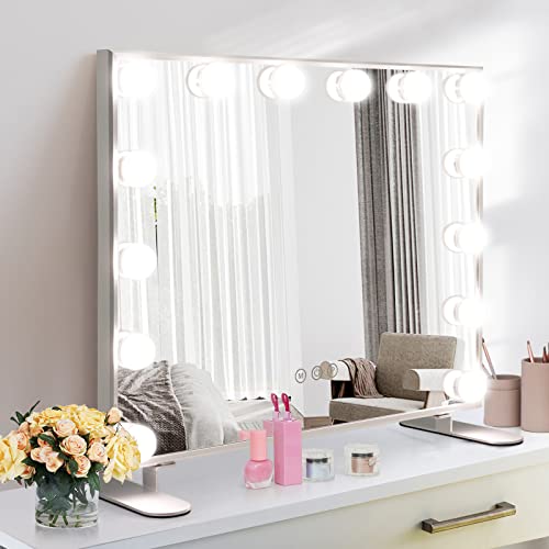 GOPLUS Miroir de Maquillage avec 14 Lumières LED, Miroir Hollywood 3 Couleurs de Lumière, Miroir Mural 2 en 1 avec Support en Métal, Miroir Cosmétique avec Tactile Intelligent, 50X18X43CM