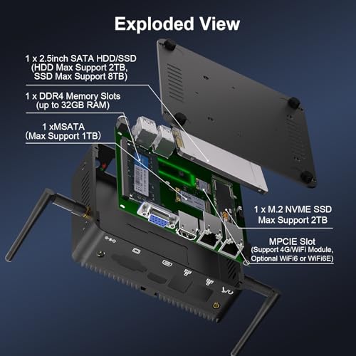 Image of HISTTON Fanness Mini PC J5005,Industrial PC Supp.Win 11 Pro,DDR4 4GB RAM 64GB SSD,Dual 1GbE LAN,WiFi 5, BT4.2, 2 RS232 COM,HD /VGA, USB3.0,Mini Desktop Computer