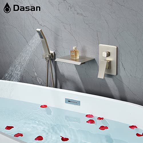 Upgraded Wall Mount Tub Filler Faucet With Handheld Shower, Dasan Modern Wall Mounted Bathtub Faucet Brushed Nickel High Flow Waterfall Tub Faucet With Rough In Valve, Sa-Tf04Wh-Bn #TOP5