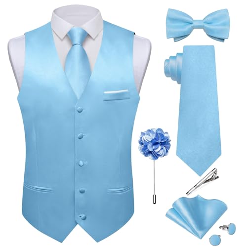 DiBanGu Mens Satin Suit Vest and Tie Set 8PCS Solid Waistcoat and Bowtie with Lapel Pin for Tuxedo Dress Vest Wedding Formal