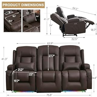 URRED Power Loveseat Recliner Sofa with Massage and Heat, Wall Hugger Reclining Loveseat with Console, RV Couch Home Theater Seating with LED Lights for Living Room (Dark Brown, 76.8" - 3 Seats)