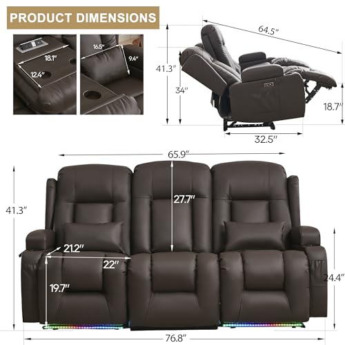Image of URRED Wall Hugger Power Recliner Sofa with Massage and Heat，Dark Brown
