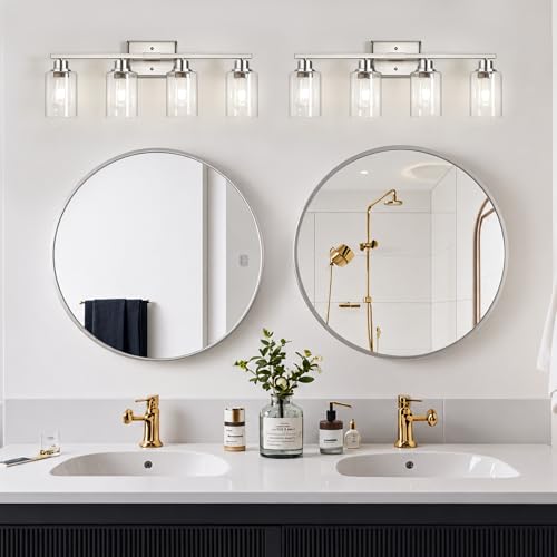 Image of Unicozin Modern Brushed Nickel Bathroom Light Fixtures, 4-Light Vanity Lights Over Mirror with E26 LED Bulbs Included, Wall Sconce with Clear Glass Shades for Living Room Bedroom Hallway Kitchen
