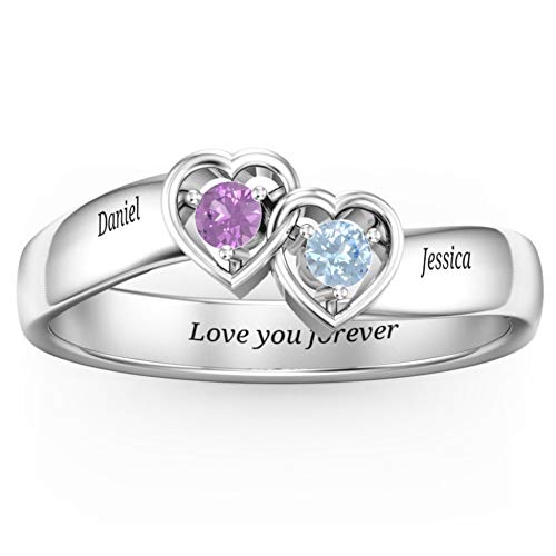 Preisvergleich Produktbild Gravierter Name Doppelter Ineinandergreifender Herzring Mit 2 Geburtssteinen Personalisierte 925 Sterling Silber Charm Band Weihnachten Hochzeitstag Ideale Für Frauen(Silber 18)