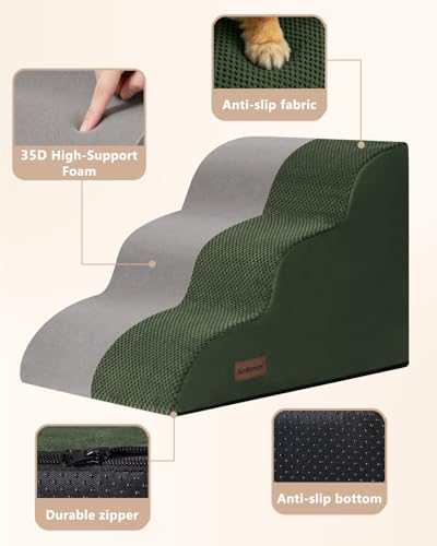 Image of Aodisman Dog Stairs for Small Dogs,3 Step Dog Ramp for Couch,Non-Slip Steps | Pet stairs help small dogs, old cats, and puppies reach couches and chairs easily, durable indoor dog steps,15.4 inch H, Green