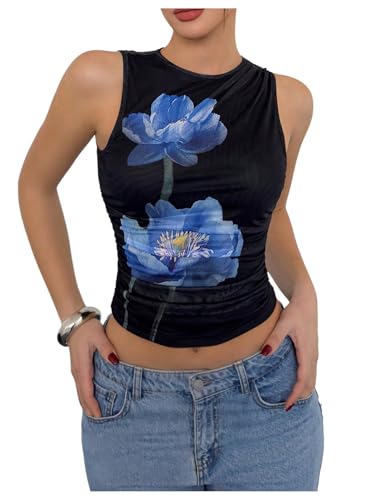 Milumia Women's Mock Neck Floral Mesh Top Y2k Sleeveless Ruched Tank Tops Going Out Black and Blue Large