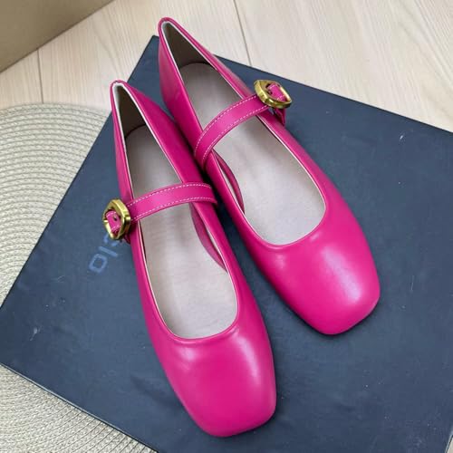 ChaiRong Zhou Women Mary Jane Flats Pu Leather Shoes Golden Buckle Straps Low Heel Square Toe Casual Ballet Party Dress Shoes2