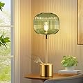 QiMH Glass Table Lamp for Living Room, Modern Bedside Lamp with Green Ribbed Glass Shade, 3-Way Dimmable Touch Control Nightstand Lamp for Bedroom, Brushed Gold (2700K LED Bulb Included)
