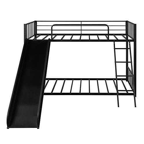 Metal Loft Bunk Bed with Slide and Ladder, Multifunctional Design, with Safety Guard Rails for Kids Teens Adults/Easy to Assemble/No Box Spring Required (Black)