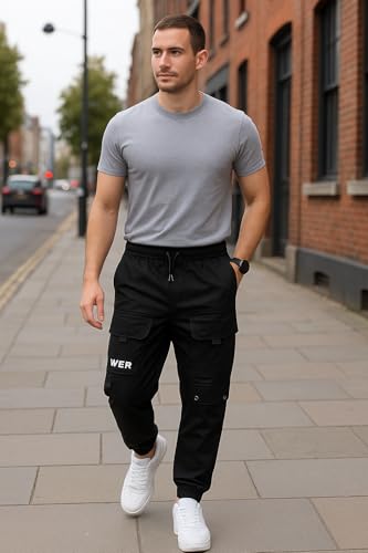 MEZA Cargo Pants with Multiple Pockets – Slim Fit Casual Athletic Design – Elastic Waist & Elastic Feet Cuffs – Perfect for Gym & Everyday Outings (Black, XXXL)