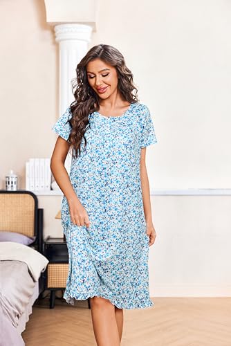 Image of Ekouaer Nightgowns for Women with Pockets Button Front Short Sleeve House Dresses Floral Print Mumu Dress