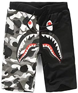 Fashion boy Shark Pattern Shorts Trend Stitching Drawstring younth Shorts (Black-Camo, L)