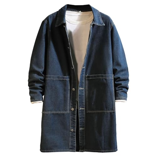 Kassercny Men's Long Denim Trench Coat Casual Cardigan Jeans Jacket Trendy Lapel Collar Plus Size Outerwear Blue Large