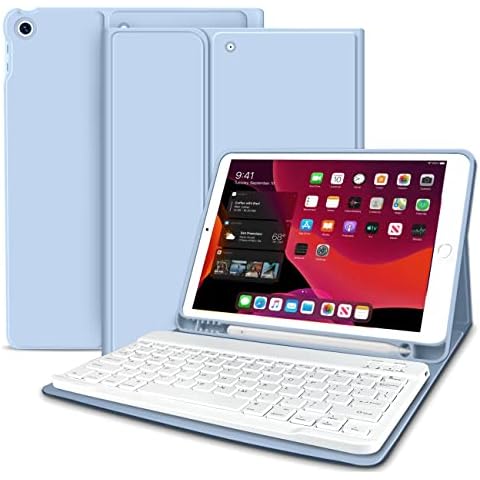 KenKe for 10.2 Inch iPad 9th/8th/7th Generation (2021/2020/2019) Keyboard Case with Pencil Holder, Soft TPU Back Cover Detachable Wireless Bluetooth Keyboard for iPad 9th/8th/7th Gen - White ice Cover