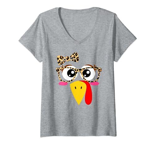 Linda cara de pavo leopardo gafas de Acción de Gracias disfraz niña Camiseta Cuello V