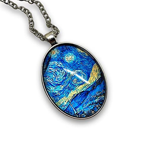 Collar de cabujón de vidrio, collar ilustrado de plata, conjunto « Noche estrellada », Van Gogh, pintura, pintor, azul, negro (ref.15a)
