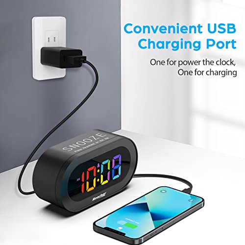 Reacher Usb Charger Alarm Clock With Rainbow Dimmable Digital Led Display, Simple To Use, Adjustable Volume, Snooze, Small Size For Bedside, Nightstand, Kids, Bedroom #TOP3
