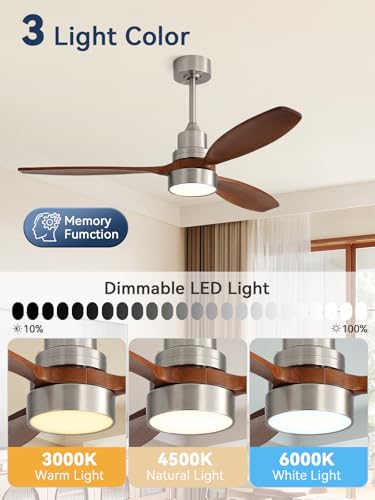 Image of Sofucor 52 inch Solid Wood Ceiling Fan with Light, Quiet 6-Speed 3 Blades Reversible LED Ceiling Fan, Modern Rustic Fan with Dimmable Light for Living Room Bedroom Home Office Cafe Patio Porch