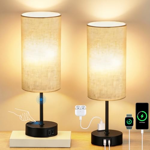 Image of 2PCS Table Lamp for Bedroom, Dimmable Touch, AC Outlet, USB A+C | 3-Level Dimmable Bedside Lamp with Eye-Care LED Bulb, Ideal Nightstand Lamp for Bedroom, Reading, Living Room (Beige&Black)