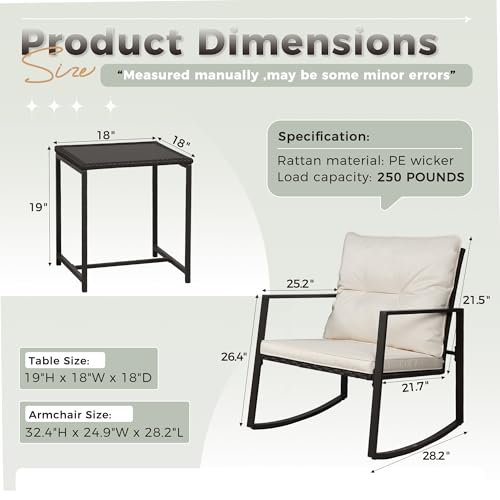 SUNCROWN 3 Piece Outdoor Rocking Bistro Set Black Wicker Furniture Porch Chairs Conversation Sets with Glass Coffee Table, Beige - Image 4