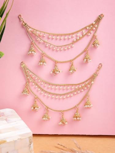 Image of Sukkhi Classical Traditional 18k Gold Plated with Brass Metal & Pearls Studded Jhumka /Jhumki Multi Layer Ear Kan Chain Earring Jewellery for Women & Girls|Bahubali Inspired Long Chain