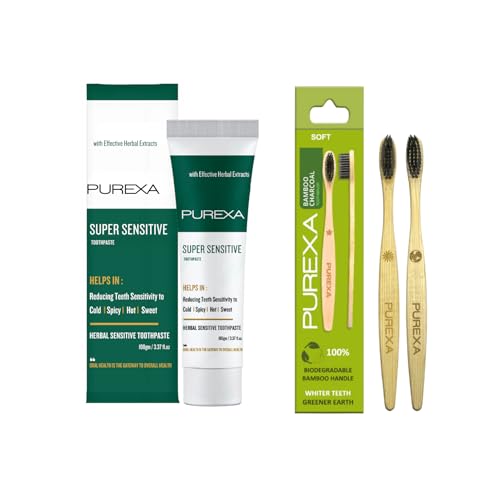 Image of PUREXA ONE Sensitive Herbal Toothpaste For Sensitive Teeth | TWO Bamboo Charcoal Soft Toothbrush For Teeth whitening, Antibacterial And Biodegradable For Adult and Kids