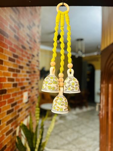 Image of RHD Macrame Symphony | 3 Multicolour Ceramic Bells (5 Inch) | Handmade Macrame Wall Hanging | Wind Chime for Home Decor | Includes Hand-Painted Ceramic Hook (Green)