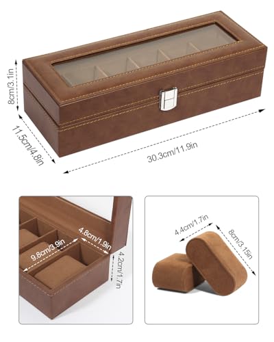 Image of Uten 6 Slots Watch Box, PU Leather Watch Case with Glass Lid, Watch Holder Organizer with Soft Pillow and Velvet Lining, Watch and Jewelry Storage Box, Brown